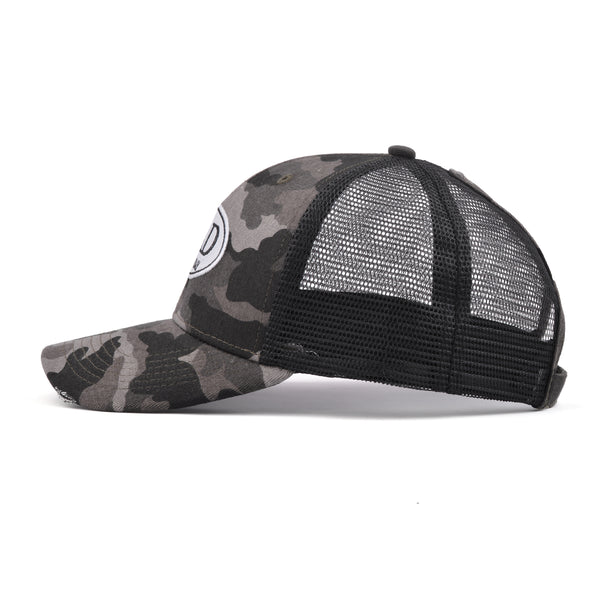 Mia Beauty "Bad Hair Day" distressed camouflage trucker hat baseball cap with ponytail slot