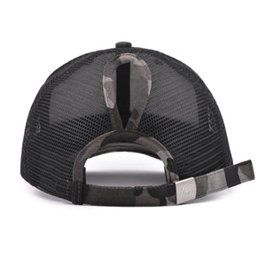 Mia Beauty "Bad Hair Day" distressed camouflage trucker hat baseball cap with ponytail slot