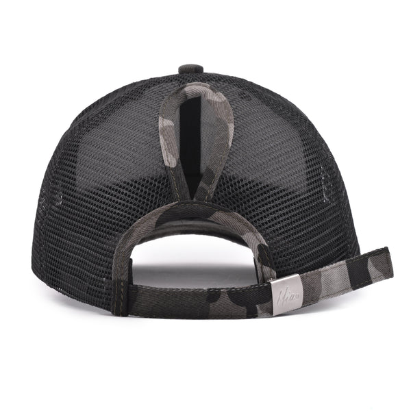 Mia Beauty "Bad Hair Day" distressed camouflage trucker hat baseball cap with ponytail slot