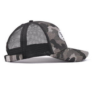 Mia Beauty "Bad Hair Day" distressed camouflage trucker hat baseball cap with ponytail slot