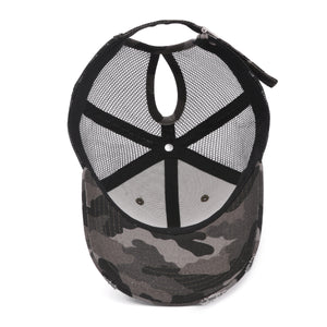 Mia Beauty "Bad Hair Day" distressed camouflage trucker hat baseball cap with ponytail slot - inside view