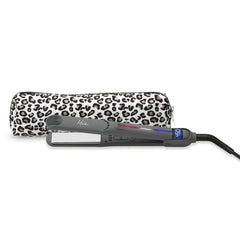 Mia® Professional Straightening Iron electrical hair straightening iron with 1 inch titanium plates by #MiaKaminski of Mia Beauty - shown with leopard Cool It pouch 