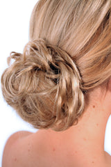 Mia® Fluffy Hair Ponywrap on packaging - blonde color - #MiaKaminski of #MiaBeauty - shown on model