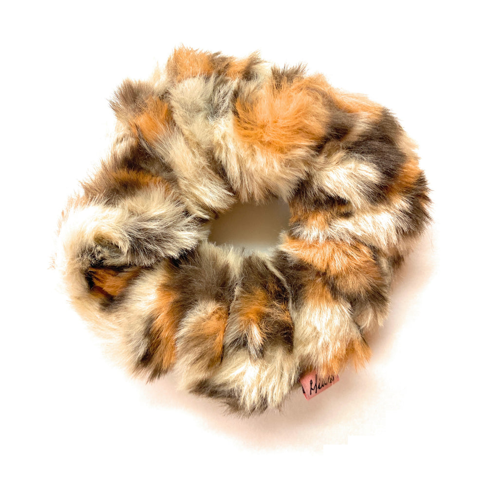 Mia Beauty Furry Scrunchie Ponytail holder hair accessory beige and brown leopard color