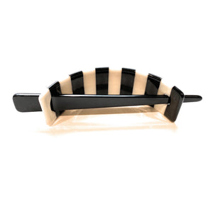 Mia Beauty 1970's style Stick Barrette hair accessory clip for French Twists updos in black and white striped acrylic material back side shown