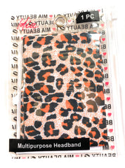 Mia Beauty Multipurpose Headband face mask neck scarf beanie cap ponytail holder headscarf tube top skirt in leopard print in zippered storage pouch packaging