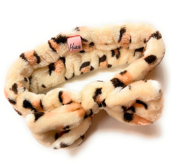 Mia Beauty Face Washing Headband in leopard print with bow