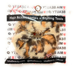 Mia Beauty Furry Scrunchie leopard print shown in packaging