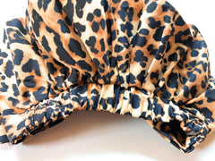 Mia Beauty Shower Cap with Tie leopard print back side with elastic shown