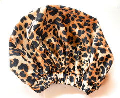 Mia Beauty Shower Cap with Tie leopard print back side shown