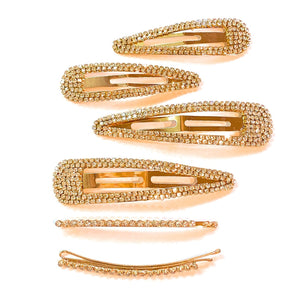 Mia Beauty Large Snip Snaps with rhinestone in gold metal with clear stones shown with matching Medium Size Snip Snaps and Bobby Pins