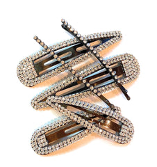 Mia Beauty Large Snip Snaps with rhinestone gunmetal and clear stones show with matching bobby pins and medium size SnipSnaps