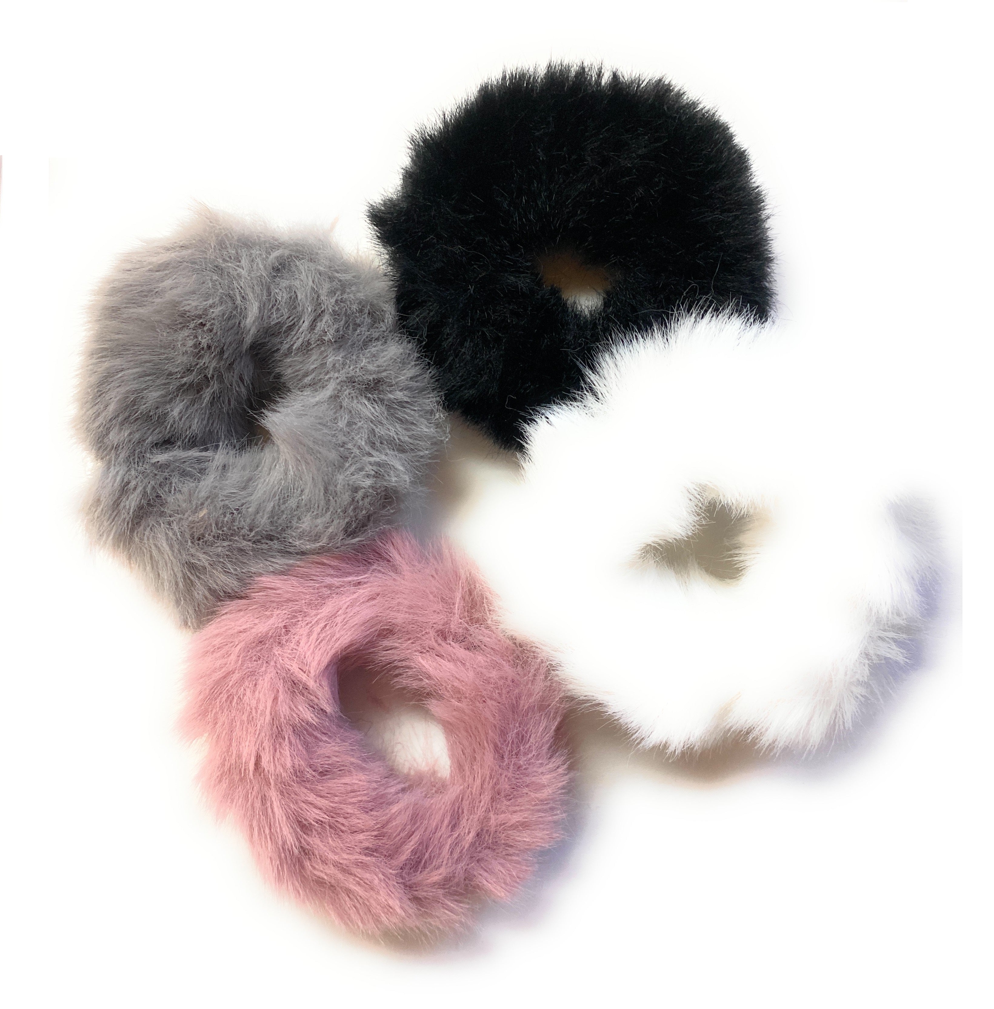 Mia Beauty Mini Furry Scrunchies in gray, black, pink and white colors