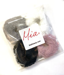 Mia Beauty Mini Furry Scrunchies in gray, black, pink and white colors 4 pack
