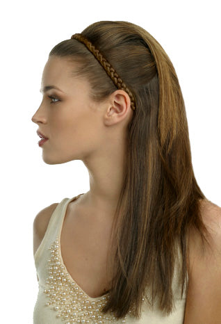 Mia® Thick Braidie® - synthetic wig hair braided headband - Medium Brown color - patented by #MiaKaminski of #MiaBeauty - shown on model Lillian #Mia #Beauty #HairAccessories #Headbands #Braids #SyntheticWigHair #SyntheticHairHeadbands