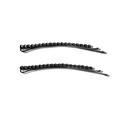 Mia Beauty Long Curved Rhinestone Bobby Pins in black metal with clear stones side view