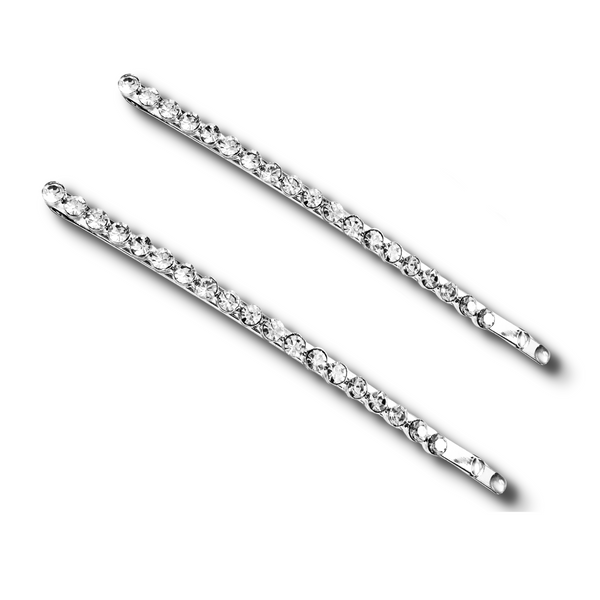 Mia Beauty Long Curved Rhinestone Bobby Pins - silver metal with clear glass rhinestones 2 pieces toip view