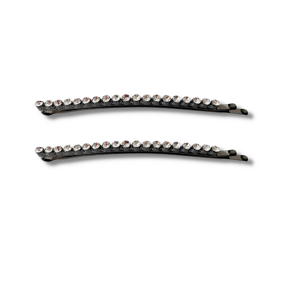 Mia Beauty Long Curved Rhinestone Bobby Pins in black metal with clear stones