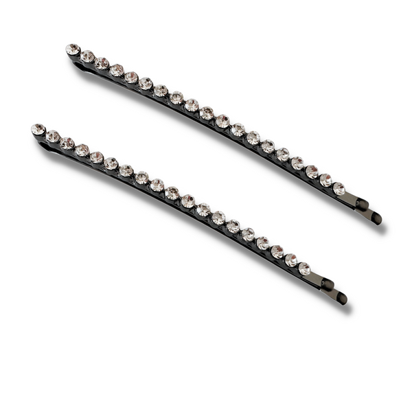 Long Curved Rhinestone Bobby Pins - gunmetal + clear