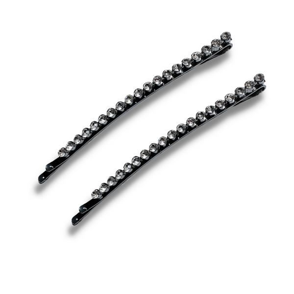 Mia Beauty Long Curved Rhinestone Bobby Pins in black metal with clear stones