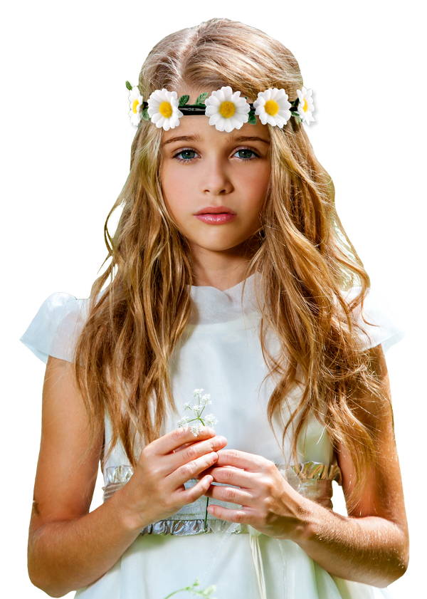 Mia® Flower Halo Headband Hair Accessory - white Daisies shown on young girl model - by #MiaKaminski #Mia #MiaBeauty #Beauty #Hair #HairAccessories #headbands #lovethis #love #life #woman #flowerhalo #festivals #coachella