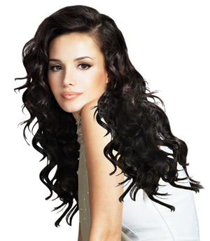 Mia® Clip-n-Dipped Ends® - medium brown with light brown ends ombre balayage effect on a weft clip - on model - 2 pieces per package - designed by #MiaKaminski #MiaBeauty #HairExtensionsClipOn #OmbreHairExtensions