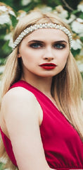 Mia® Embellished Headband - White Pearl - shown on model with blonde hair - designed by #MiaKaminski of #Mia Beauty