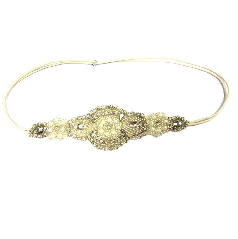 Mia Beauty Embellished Headband with white bead and clear stones.