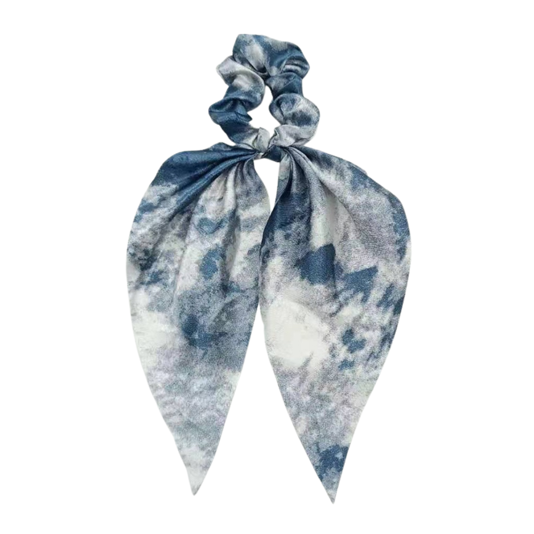 Mia Beauty Scrunchie with long wide removable tie in denim blue and white tie dye