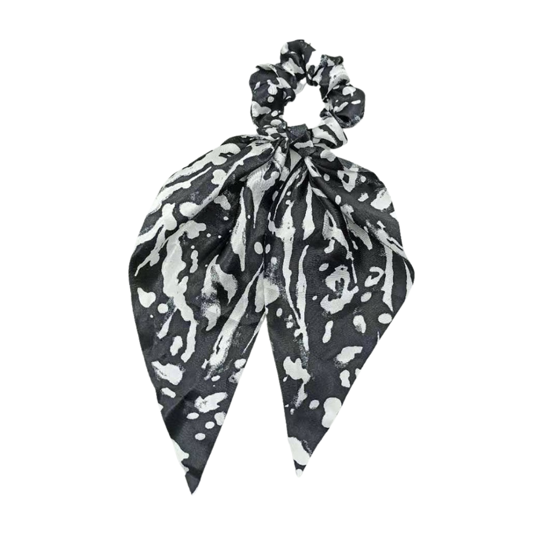 Mia Beauty Scrunchie with long wide removable tie in black and white tie dye