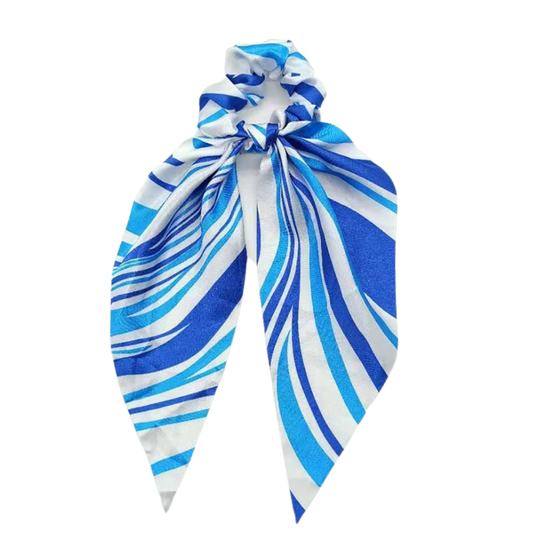 Mia Beauty Scrunchie with long wide removable tie in blue and white stripes