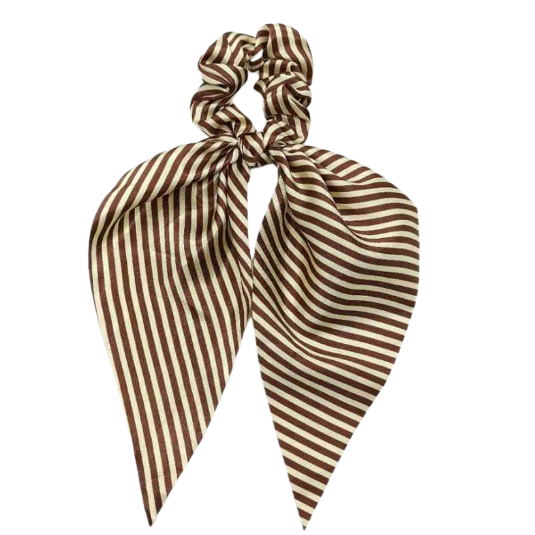 Mia Beauty Scrunchie with long wide removable tie in brown and cream stripes
