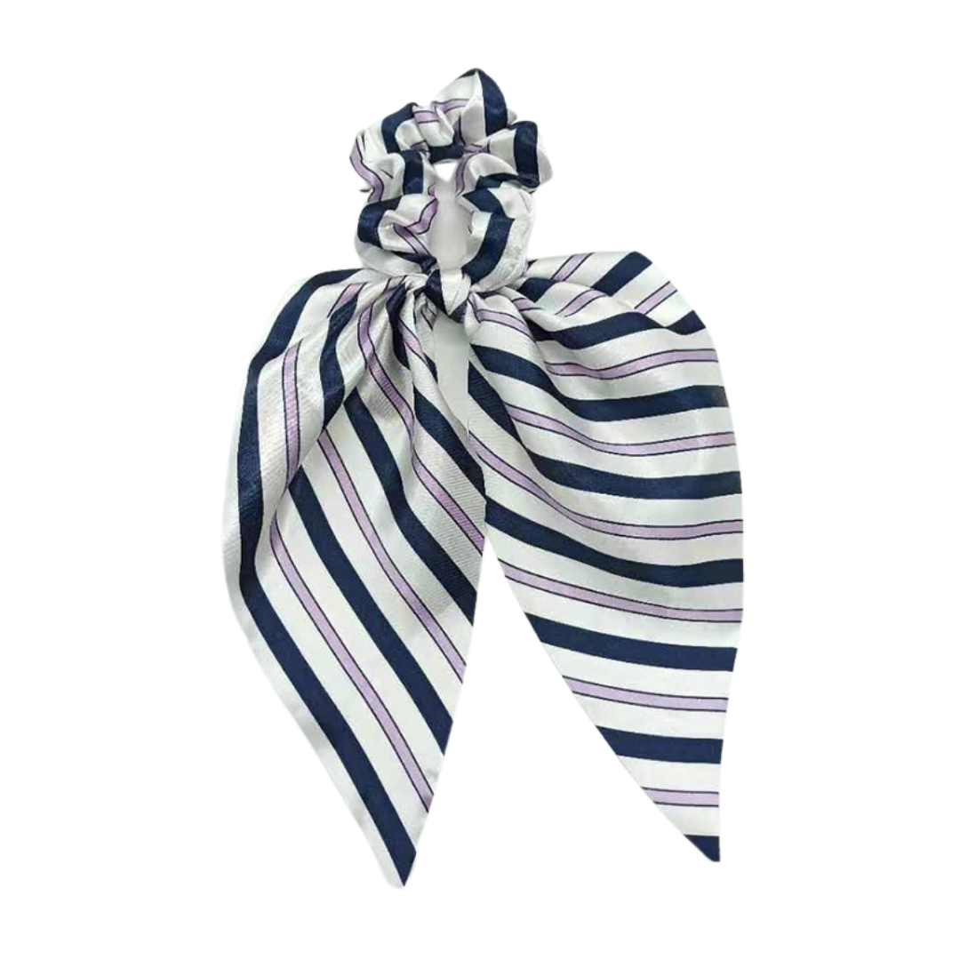 Mia Beauty Scrunchie with long wide removable tie in black, white and lavender stripes