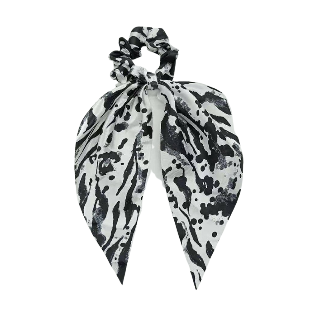 Mia Beauty Scrunchie with long wide removable tie in white and black tie dye