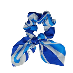 Mia Beauty Satin Scrunchie with removable tie in blue and white whimsical stripes