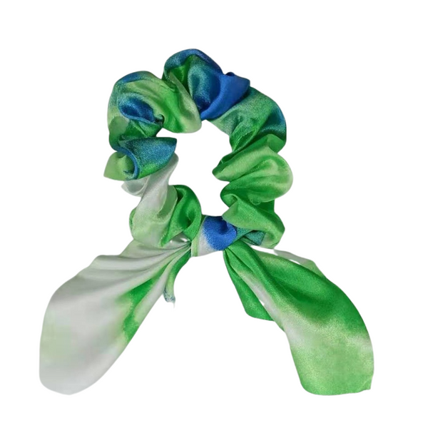 Scrunchie + Short Tie - Green, Blue + White Tie Dye