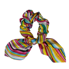 Mia Beauty Satin Scrunchie with removable tie in multi-colored stripes