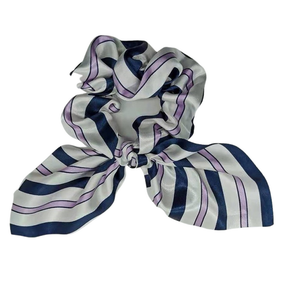 Scrunchie + Short Tie - White, Black + Lavender Stripes