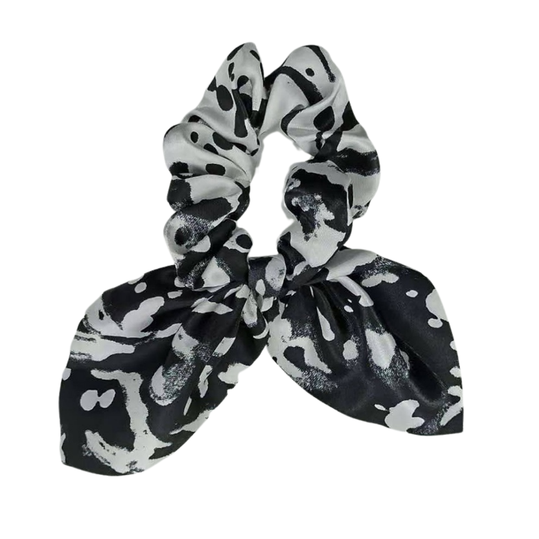 Mia Beauty Silk Scrunchie with removable tie in tie dye black and white color