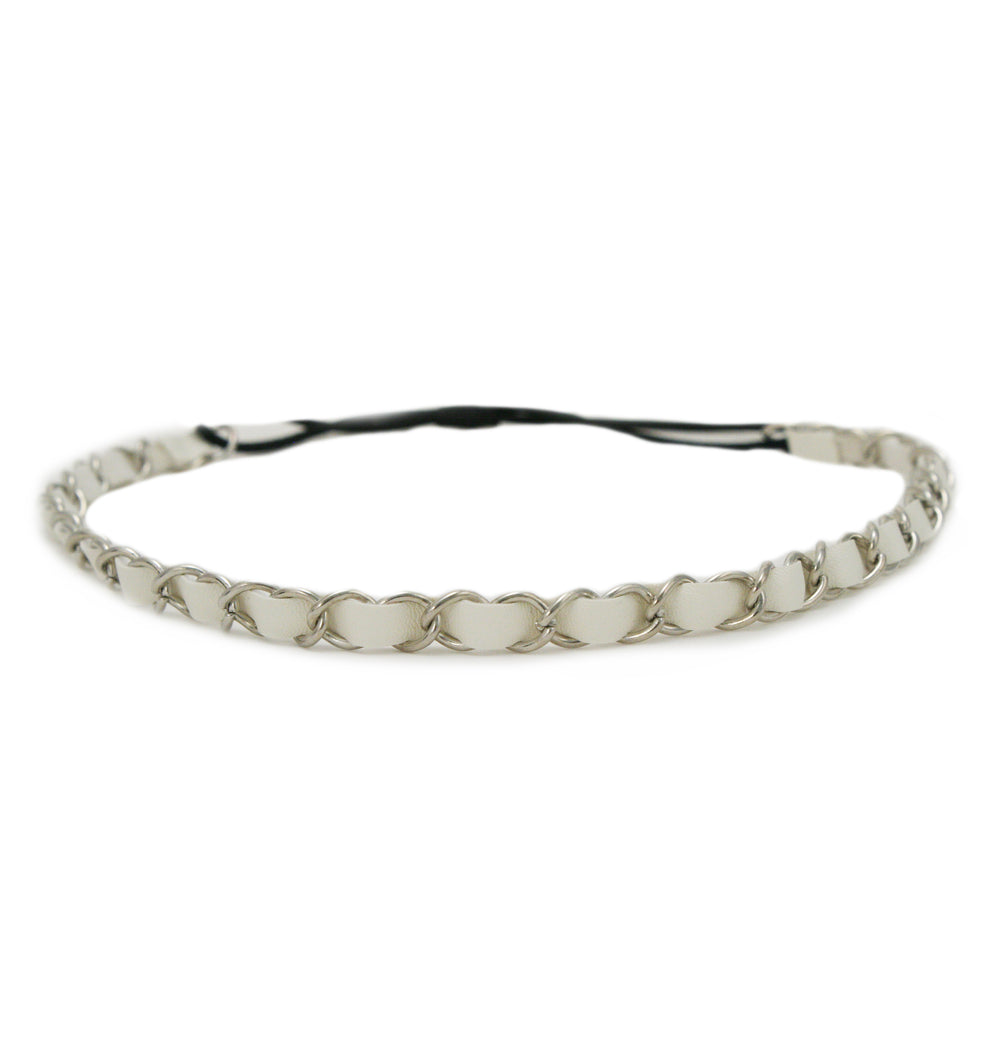 Mia® Leather Chain Headband - white leather and silver chain - #MiaKaminski #Mia #MiaBeauty #Beauty #Hair #HairAccessories #headbands #headwraps #lovethis #love #life #woman #headbandchain #Chanel