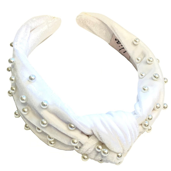 Knotted Velvet Headband + Pearls - White