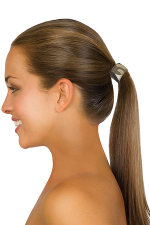 Mia® Tony Pony - leather ponytail cuff - camouflaged military material - on model - designed by #MiaKaminski of Mia Beauty