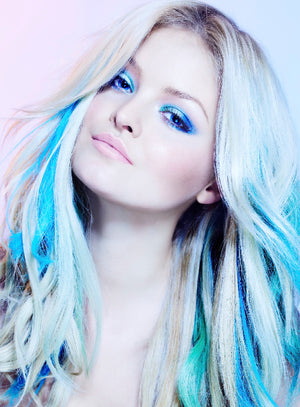 Mia® Clip-n-Color®, Clip On Hair Extension – synthetic wig hair  - Blue Color – shown in model’s hair - designed by #MiaKaminski of #MiaBeauty #Mia #Beauty #HairAccessories #SyntheticWigHair #extensions 