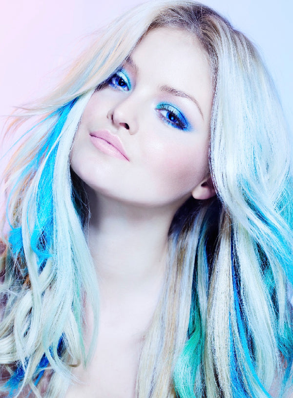 Mia® Clip-n-Color®, Clip On Hair Extension – synthetic wig hair  - Blue Color – shown in model’s hair - designed by #MiaKaminski of #MiaBeauty #Mia #Beauty #HairAccessories #SyntheticWigHair #extensions 