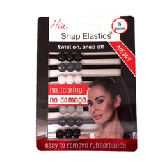 Mia® Snap Elastics® rubberbands that twist on and snap off for less damage to the hair - shown in packaging