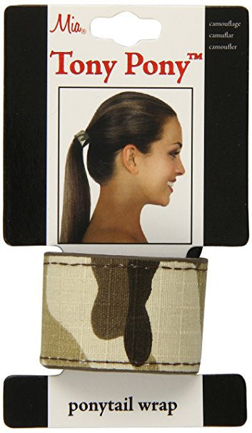 Mia® Tony Pony - leather ponytail cuff - camouflaged military material - on packaging - designed by #MiaKaminski of Mia Beauty